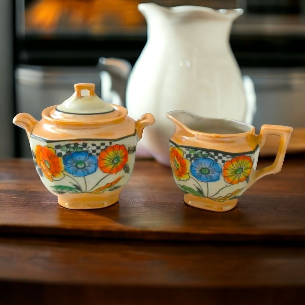 Vintage Lusterware Creamer Sugar Bowl Set Lidded Peach Floral Cottagecore Granny